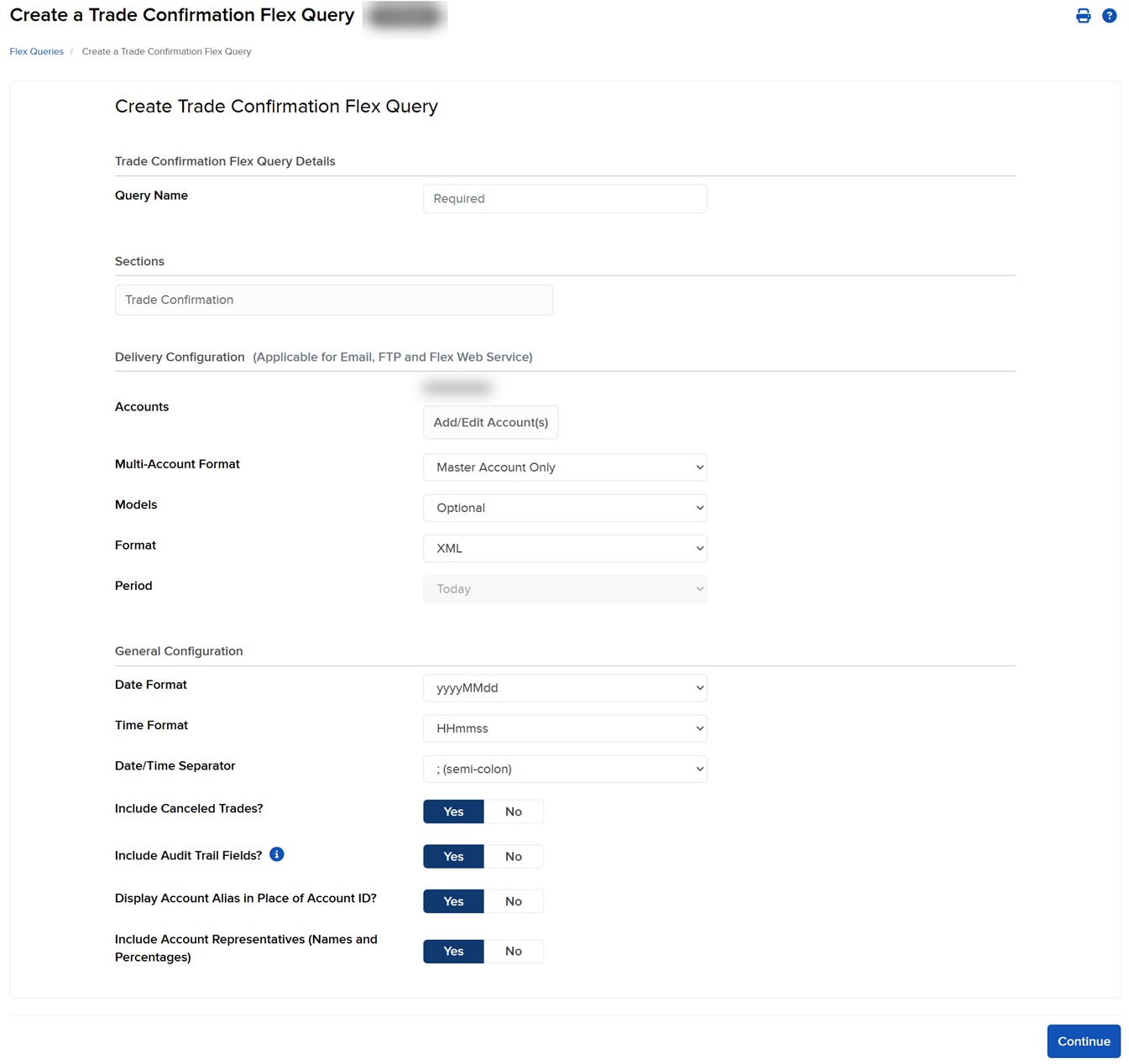 The create a trade confirmation flex query panel in portal. 